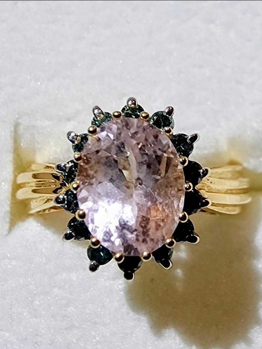 14K Gold Kunzite Blue Diamond Halo Ring Size 7.5 Fine Jewelry